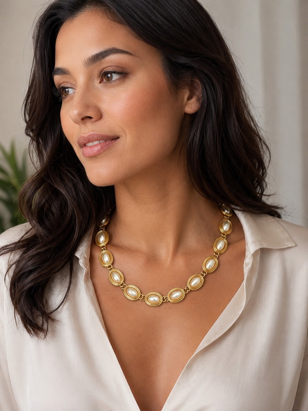 Vintage Gold Pearl-Accent Link Necklace